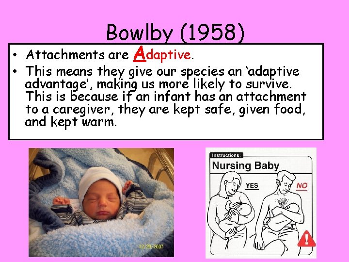 Bowlby (1958) • Attachments are Adaptive. • This means they give our species an