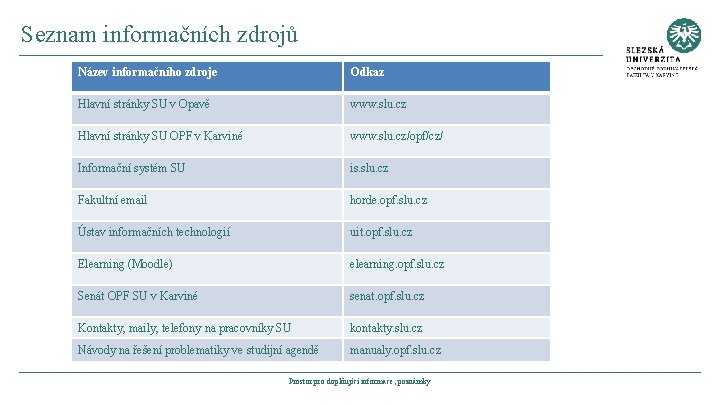 Seznam informačních zdrojů Název informačního zdroje Odkaz Hlavní stránky SU v Opavě www. slu.