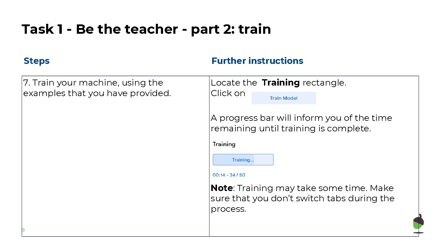 Task 1 - Be the teacher - part 2: train Steps Further instructions 7.