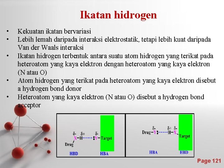 Ikatan hidrogen • • • Kekuatan ikatan bervariasi Lebih lemah daripada interaksi elektrostatik, tetapi