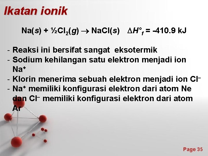 Ikatan ionik Na(s) + ½Cl 2(g) Na. Cl(s) H°f = -410. 9 k. J