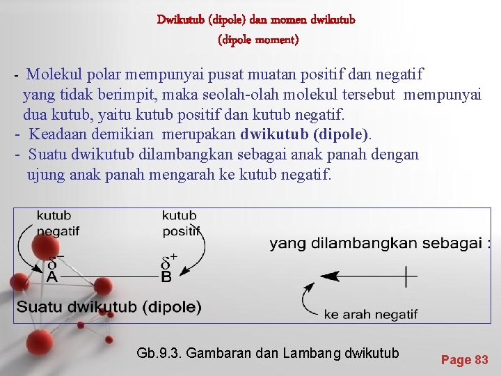 Dwikutub (dipole) dan momen dwikutub (dipole moment) Molekul polar mempunyai pusat muatan positif dan