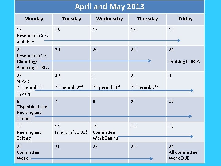 April and May 2013 Monday Tuesday Wednesday Thursday Friday 15 Research in S. S.
