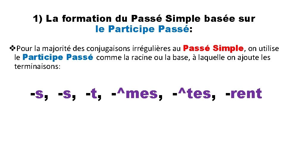 1) La formation du Passé Simple basée sur le Participe Passé: v. Pour la