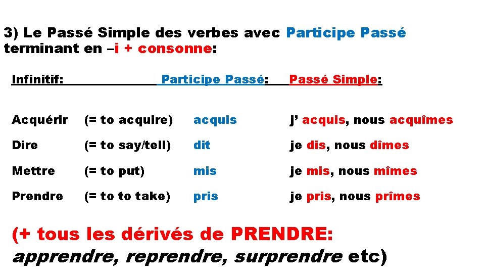 3) Le Passé Simple des verbes avec Participe Passé terminant en –i + consonne: