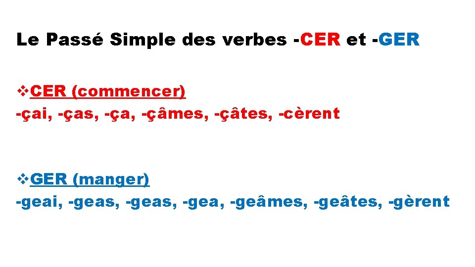 Le Passé Simple des verbes -CER et -GER v. CER (commencer) -çai, -ças, -ça,