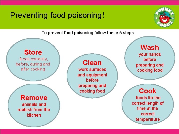 Preventing food poisoning! To prevent food poisoning follow these 5 steps: Wash Store foods