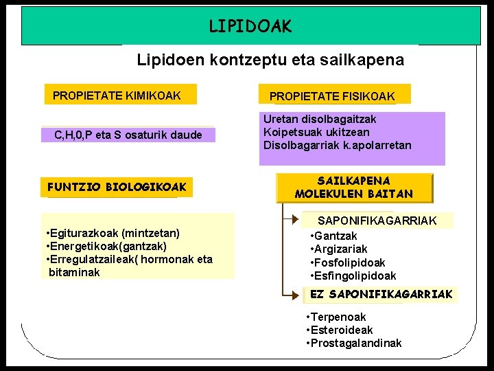 LIPIDOAK Lipidoen kontzeptu eta sailkapena PROPIETATE KIMIKOAK C, H, 0, P eta S osaturik