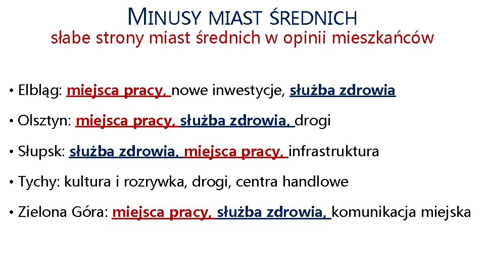 MINUSY MIAST ŚREDNICH słabe strony miast średnich w opinii mieszkańców • Elbląg: miejsca pracy,