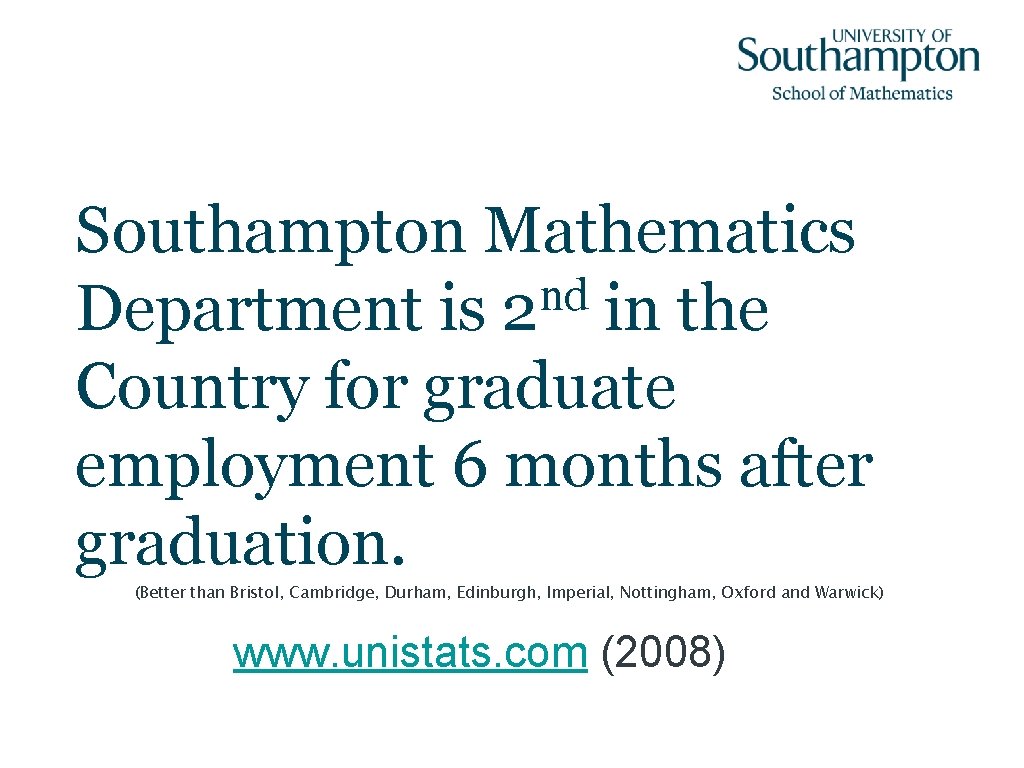 Southampton Mathematics nd Department is 2 in the Country for graduate employment 6 months