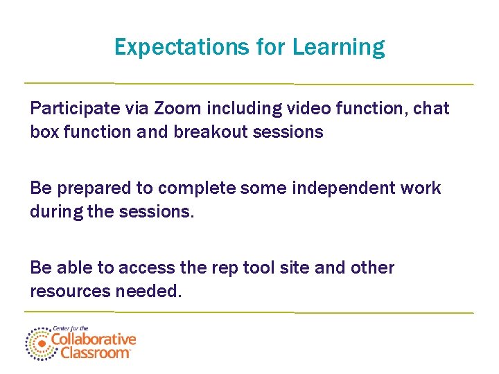 Expectations for Learning Participate via Zoom including video function, chat box function and breakout