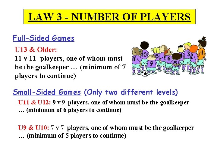 LAW 3 - NUMBER OF PLAYERS Full-Sided Games U 13 & Older: 11 v