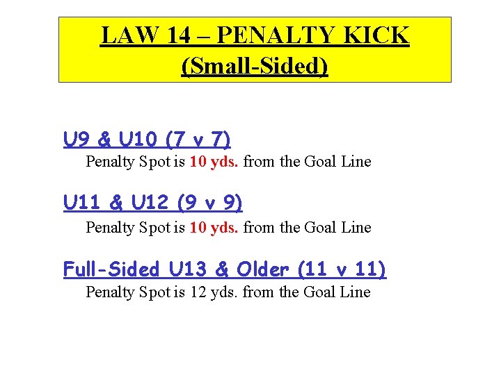 LAW 14 – PENALTY KICK (Small-Sided) U 9 & U 10 (7 v 7)