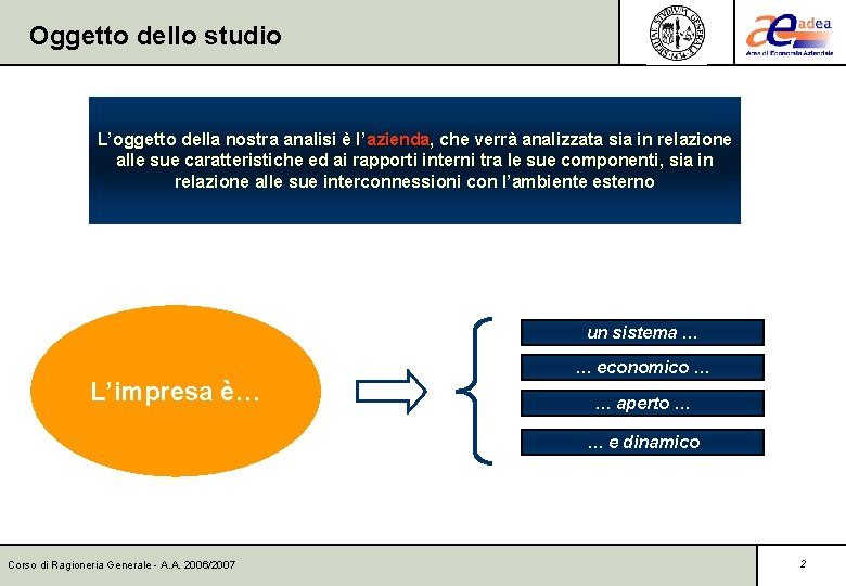 Oggetto dello studio L’oggetto della nostra analisi è l’azienda, che verrà analizzata sia in