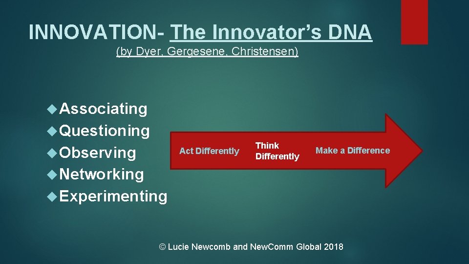 INNOVATION- The Innovator’s DNA (by Dyer, Gergesene, Christensen) Associating Questioning Observing Act Differently Think