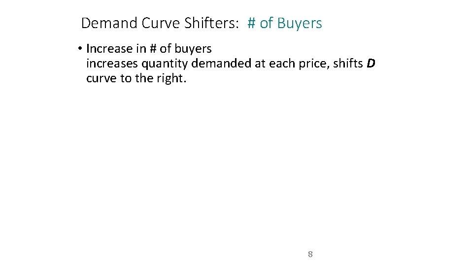 Demand Curve Shifters: # of Buyers • Increase in # of buyers increases quantity