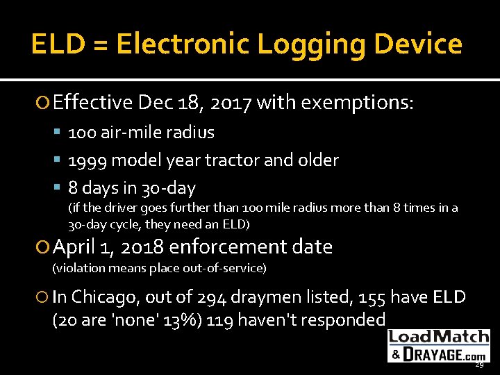 ELD = Electronic Logging Device Effective Dec 18, 2017 with exemptions: 100 air-mile radius