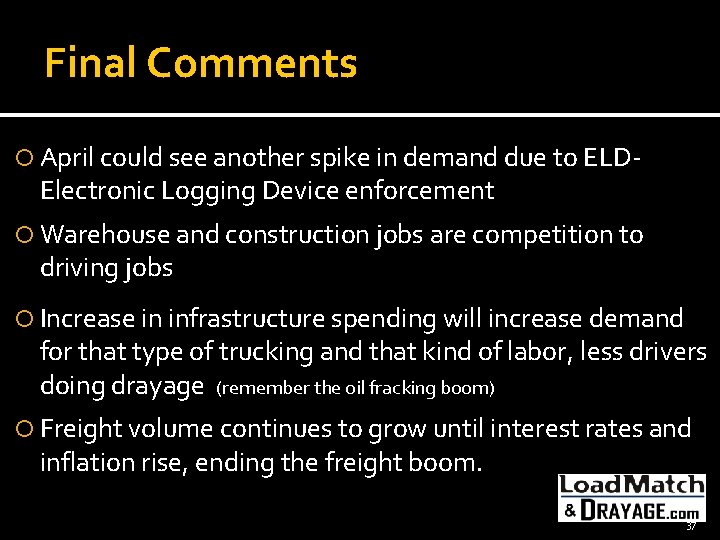 Final Comments April could see another spike in demand due to ELD- Electronic Logging