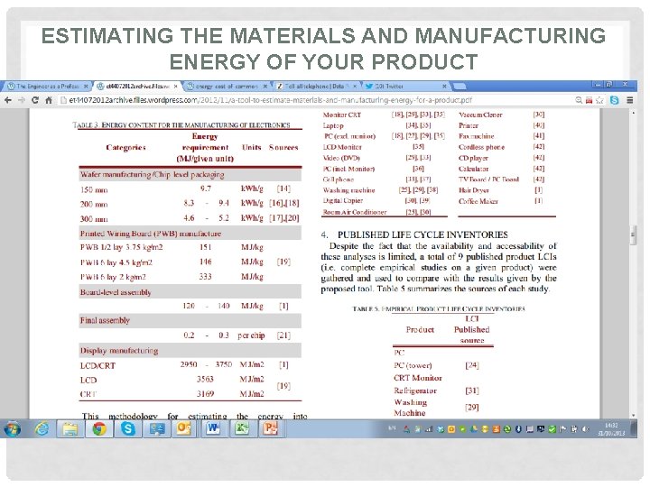 ESTIMATING THE MATERIALS AND MANUFACTURING ENERGY OF YOUR PRODUCT 