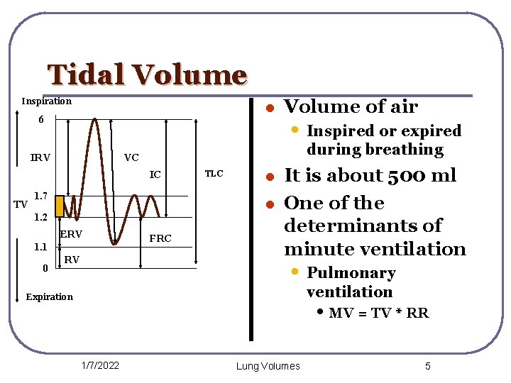 Tidal Volume Inspiration l 6 during breathing IC 1. 7 TLC l l 1. Tidal Volume Inspiration l 6 during breathing IC 1. 7 TLC l l 1.