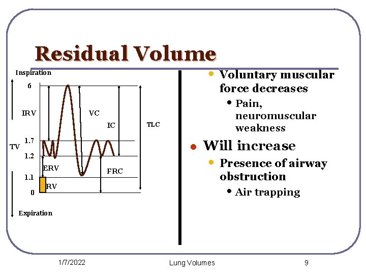 Residual Volume • Voluntary muscular Inspiration force decreases 6 • Pain, VC IRV IC