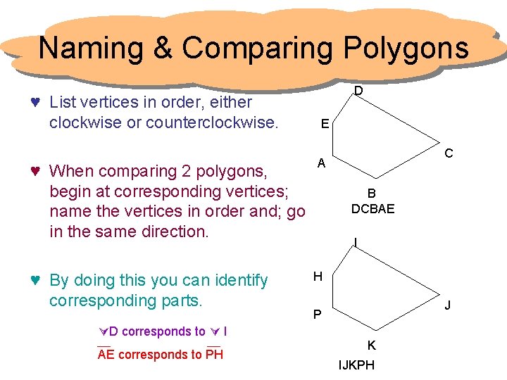 Naming & Comparing Polygons ♥ List vertices in order, either clockwise or counterclockwise. ♥