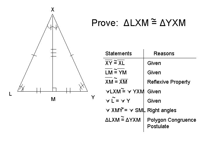 X Prove: ΔLXM ~ = ΔYXM Statements ~ XL XY = L M Y