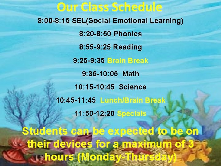 Our Class Schedule 8: 00 -8: 15 SEL(Social Emotional Learning) 8: 20 -8: 50