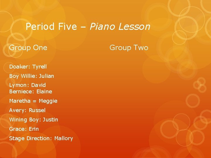 Period Five – Piano Lesson Group One Doaker: Tyrell Boy Willie: Julian Lymon: David