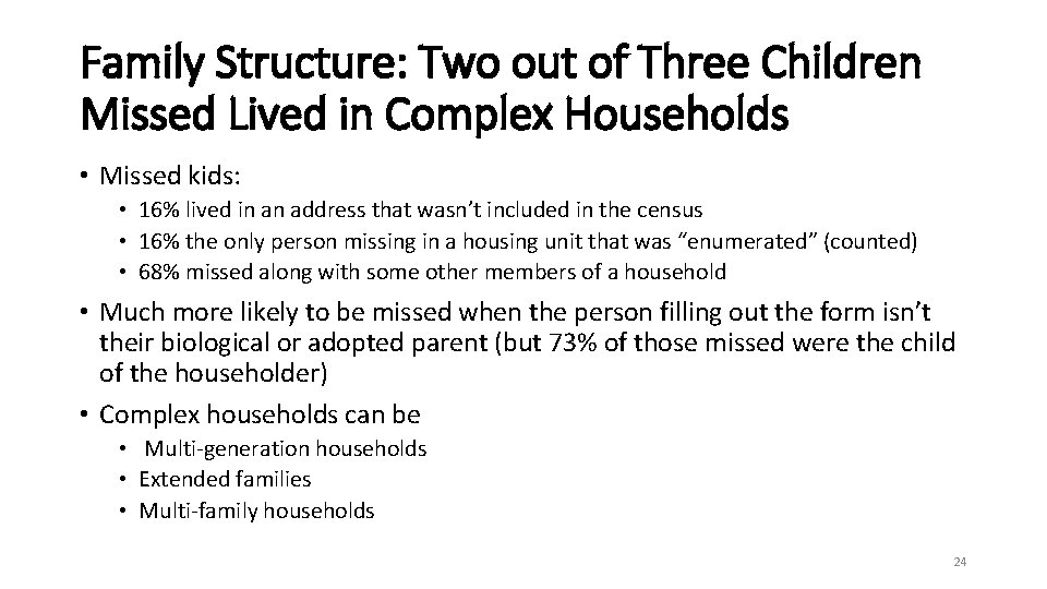 Family Structure: Two out of Three Children Missed Lived in Complex Households • Missed