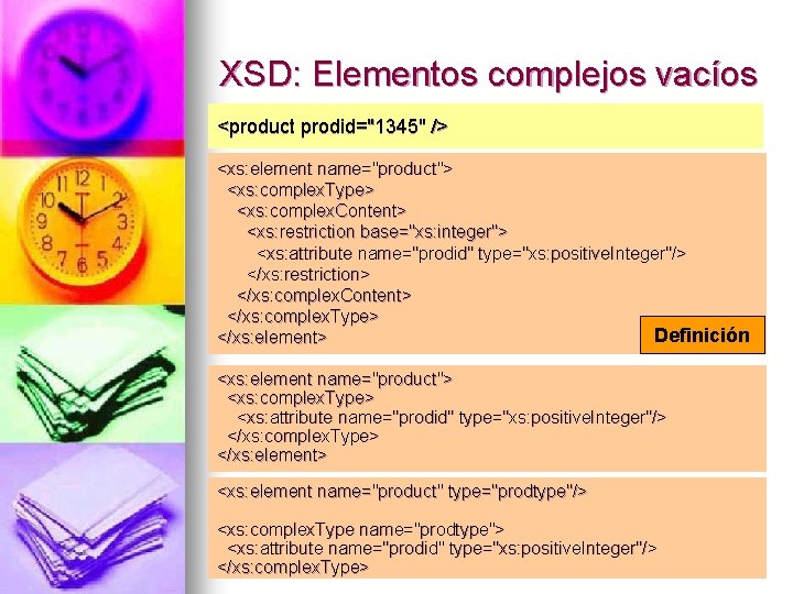 XSD: Elementos complejos vacíos <product prodid="1345" /> <xs: element name="product"> <xs: complex. Type> <xs: