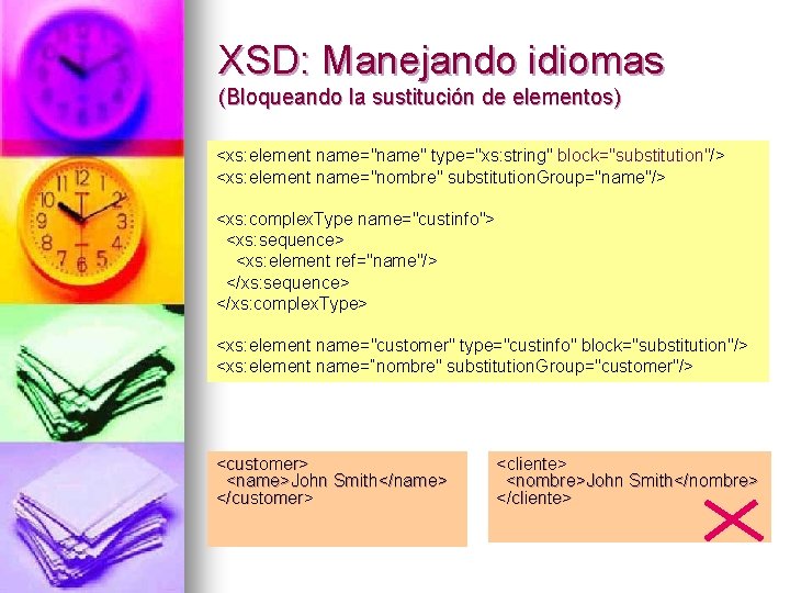 XSD: Manejando idiomas (Bloqueando la sustitución de elementos) <xs: element name="name" type="xs: string" block="substitution"/>