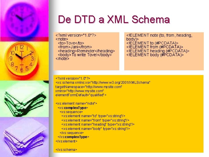 De DTD a XML Schema <? xml version="1. 0"? > <note> <to>Tove</to> <from>Jani</from> <heading>Reminder</heading>