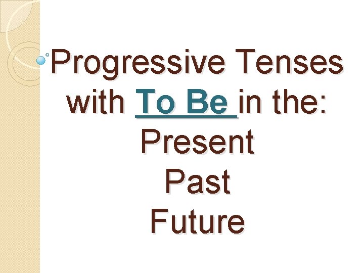 Progressive Tenses with To Be in the: Present Past Future 