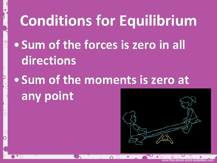 Conditions for Equilibrium • Sum of the forces is zero in all directions •