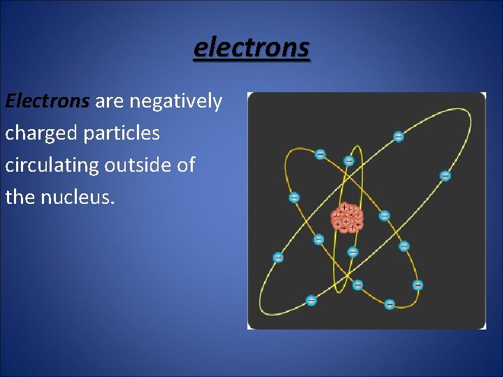 electrons Electrons are negatively charged particles circulating outside of the nucleus. 