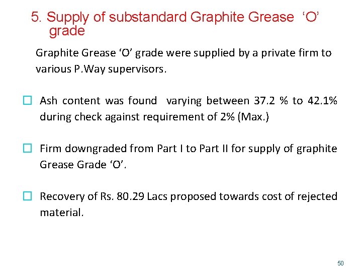 5. Supply of substandard Graphite Grease ‘O’ grade were supplied by a private firm