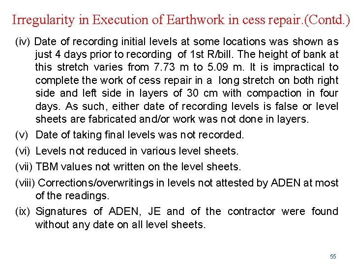 Irregularity in Execution of Earthwork in cess repair. (Contd. ) (iv) Date of recording