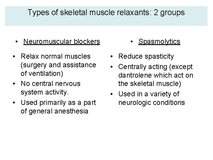 Types of skeletal muscle relaxants: 2 groups • Neuromuscular blockers • Relax normal muscles