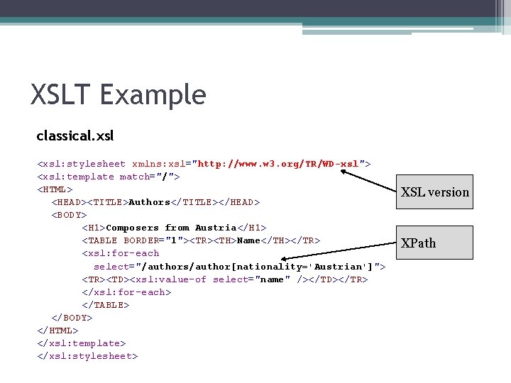 XSLT Example classical. xsl <xsl: stylesheet xmlns: xsl="http: //www. w 3. org/TR/WD-xsl"> <xsl: template XSLT Example classical. xsl <xsl: stylesheet xmlns: xsl="http: //www. w 3. org/TR/WD-xsl"> <xsl: template