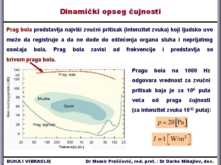 Dinamički opseg čujnosti Prag bola predstavlja najviši zvučni pritisak (intenzitet zvuka) koji ljudsko uvo