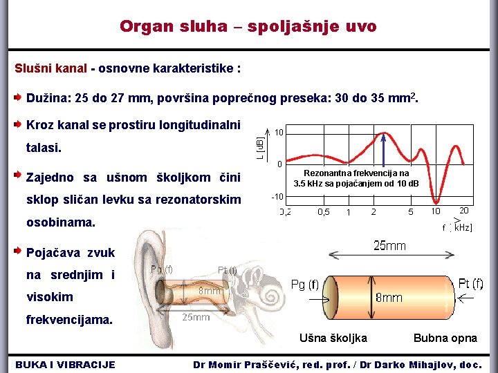 Organ sluha – spoljašnje uvo Slušni kanal - osnovne karakteristike : Dužina: 25 do