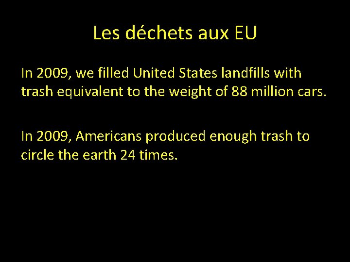 Les déchets aux EU In 2009, we filled United States landfills with trash equivalent