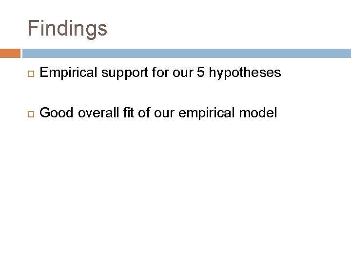 Findings Empirical support for our 5 hypotheses Good overall fit of our empirical model