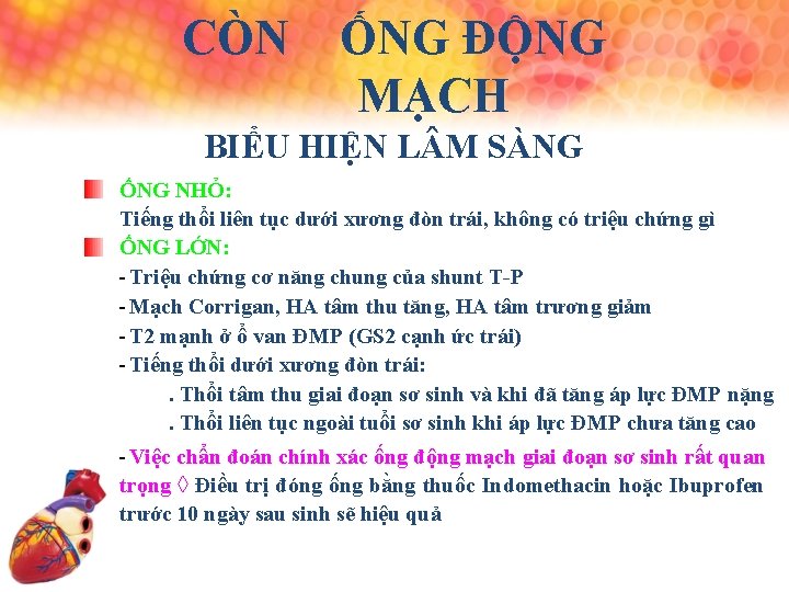 CÒN ỐNG ĐỘNG MẠCH BIỂU HIỆN L M SÀNG ỐNG NHỎ: Tiếng thổi liên