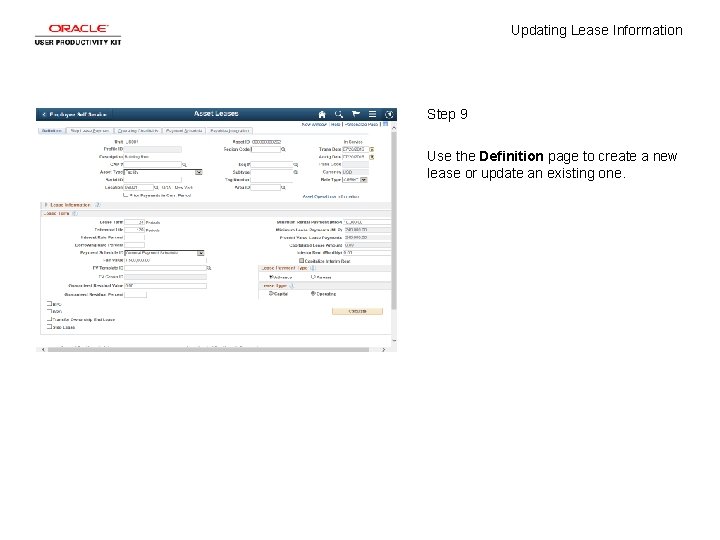 Updating Lease Information Step 9 Use the Definition page to create a new lease
