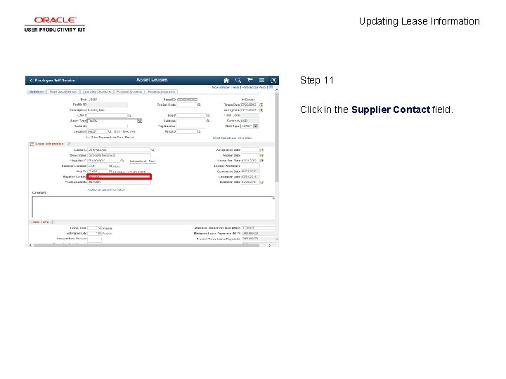 Updating Lease Information Step 11 Click in the Supplier Contact field. 