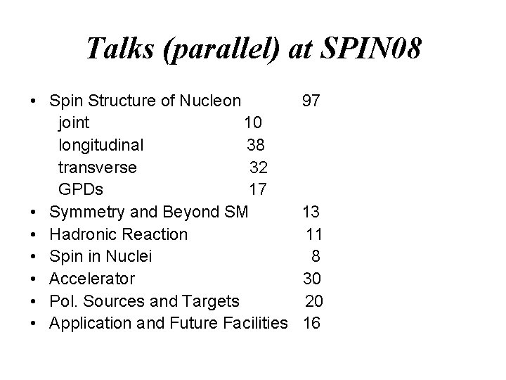 Talks (parallel) at SPIN 08 • Spin Structure of Nucleon joint 10 longitudinal 38