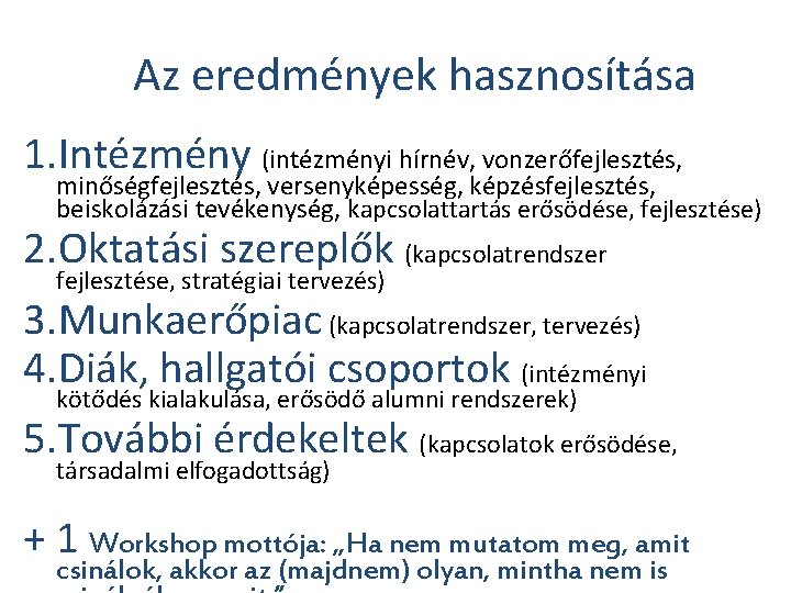 Az eredmények hasznosítása 1. Intézmény (intézményi hírnév, vonzerőfejlesztés, minőségfejlesztés, versenyképesség, képzésfejlesztés, beiskolázási tevékenység, kapcsolattartás Az eredmények hasznosítása 1. Intézmény (intézményi hírnév, vonzerőfejlesztés, minőségfejlesztés, versenyképesség, képzésfejlesztés, beiskolázási tevékenység, kapcsolattartás