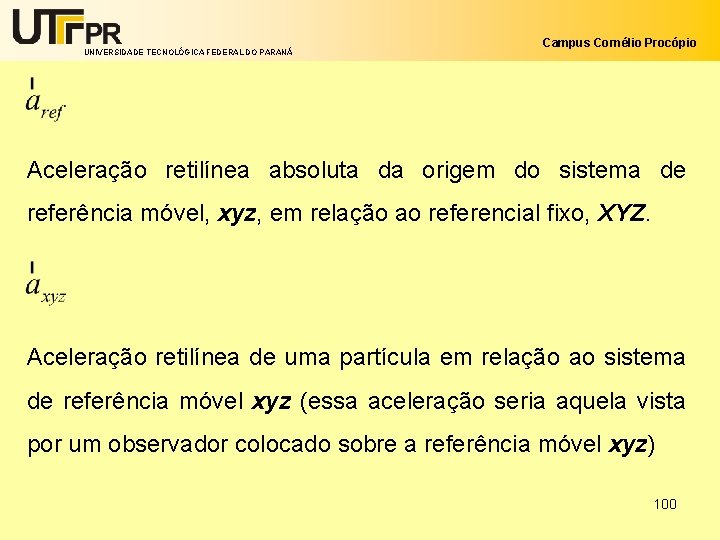 UNIVERSIDADE TECNOLÓGICA FEDERAL DO PARANÁ Campus Cornélio Procópio Aceleração retilínea absoluta da origem do